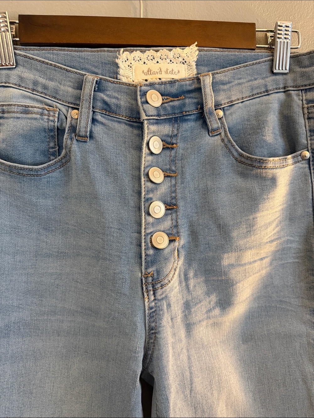 Altar'd State High Rise Button Fly Flare Jeans Light Wash Size 28 - Picture 7 of 9